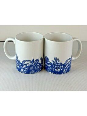 Biltmore Estate Château Porcelain Coffee Mugs Set of 2 Blue & White Floral 10oz